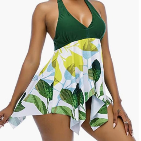 Green Modest Print Exquisite Ring Top with Boyshort Swimsuits - Picture 6 of 6